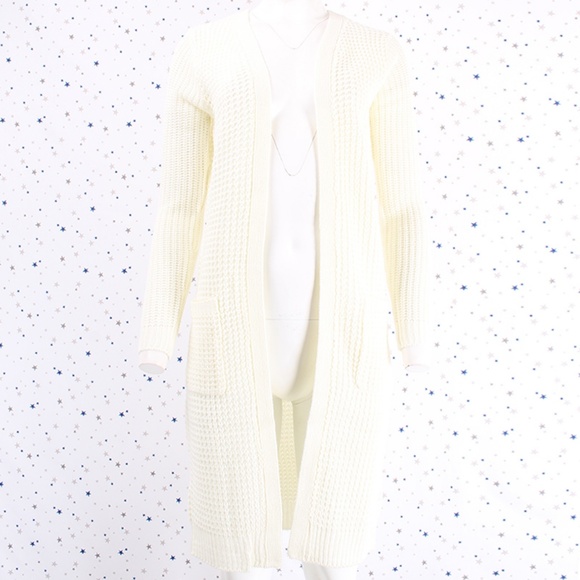 Waffle Knit Duster Long Sweater Cardigan Ivory - Picture 2 of 7